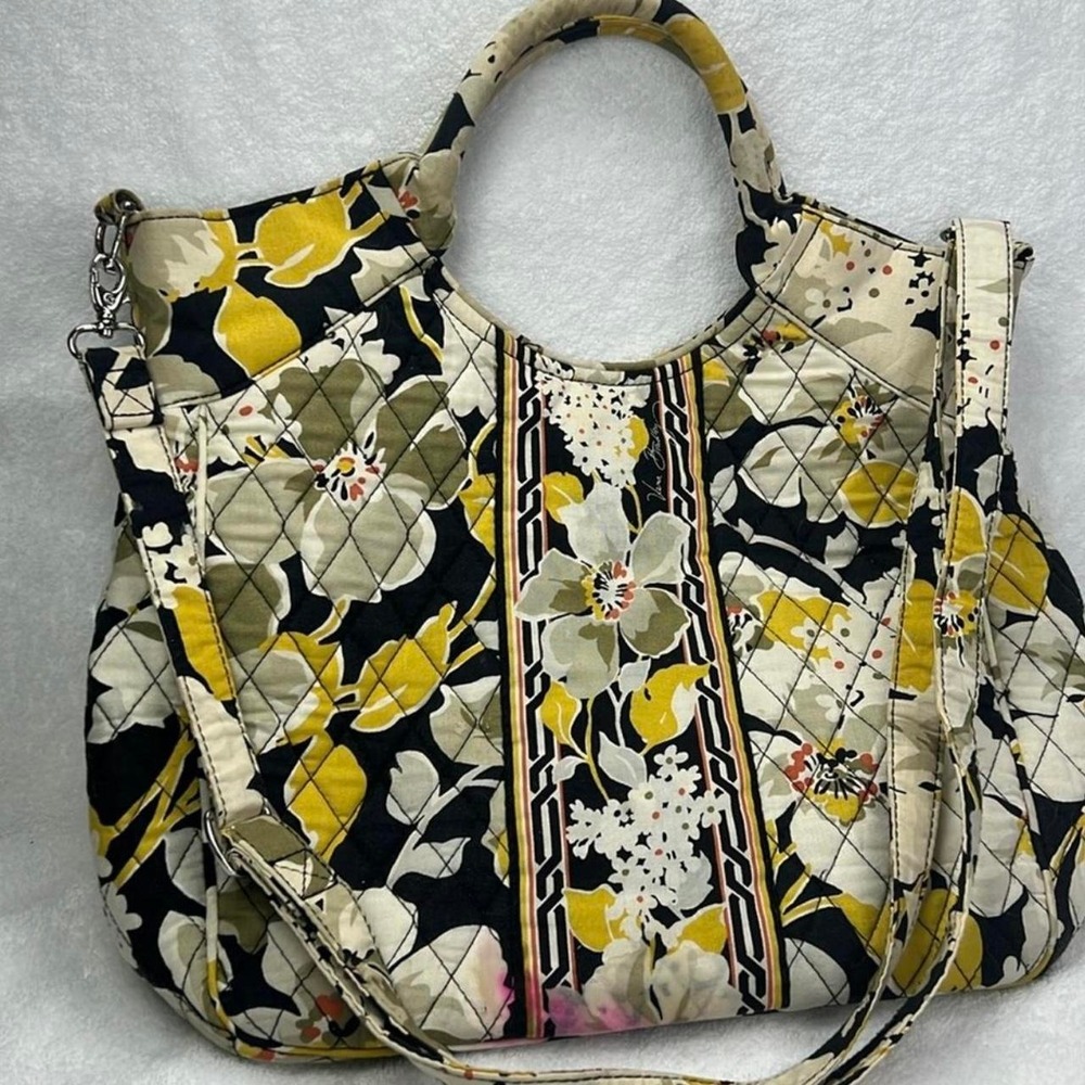 Vera Bradley black canvas tote bag with yellow and white floral pattern and q...